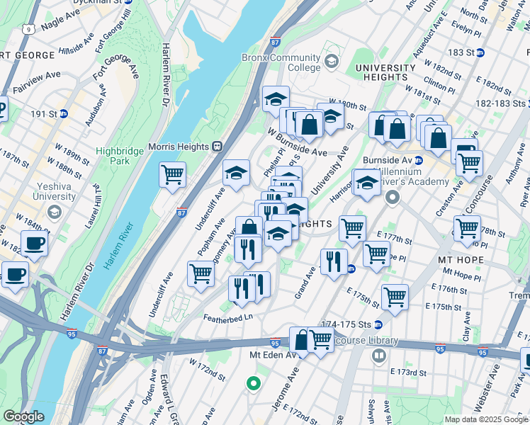 map of restaurants, bars, coffee shops, grocery stores, and more near 1741 Andrews Avenue South in Bronx
