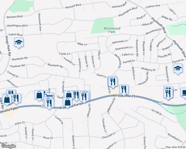 map of restaurants, bars, coffee shops, grocery stores, and more near 22 Dana Lane in Smithtown