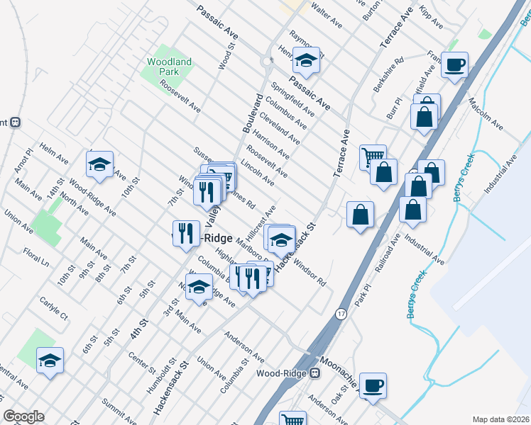 map of restaurants, bars, coffee shops, grocery stores, and more near 303 Hillcrest Avenue in Wood-Ridge