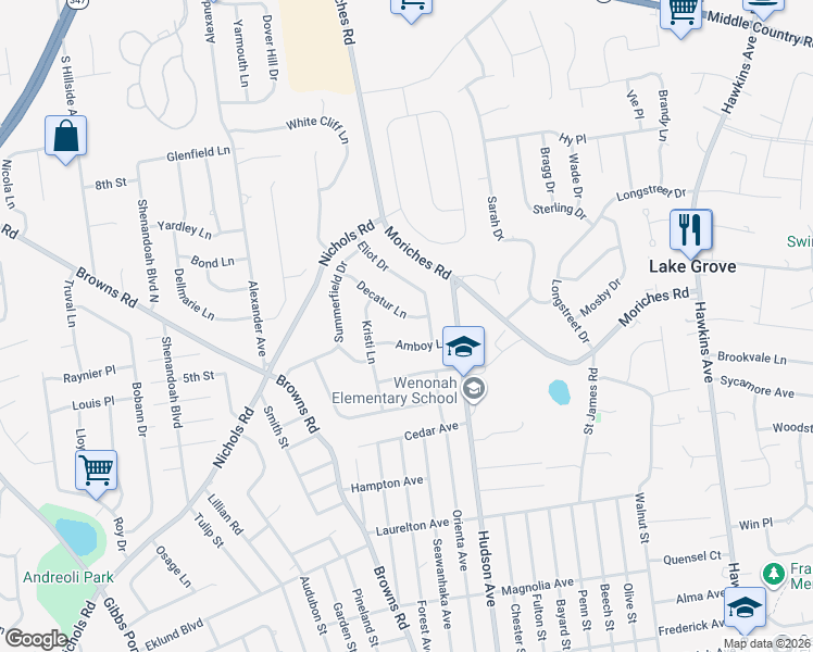 map of restaurants, bars, coffee shops, grocery stores, and more near 6 Decatur Lane in Lake Grove