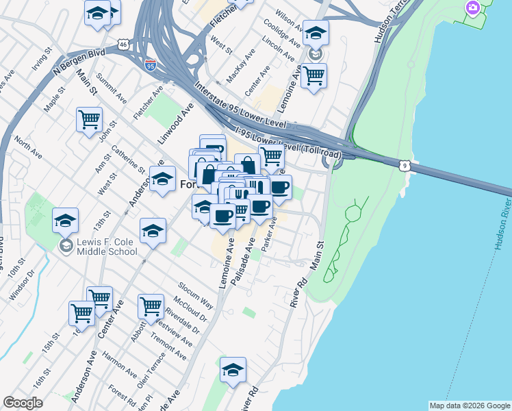 map of restaurants, bars, coffee shops, grocery stores, and more near in Fort Lee