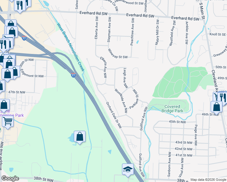 map of restaurants, bars, coffee shops, grocery stores, and more near 4737 Woodside Avenue Northwest in Canton