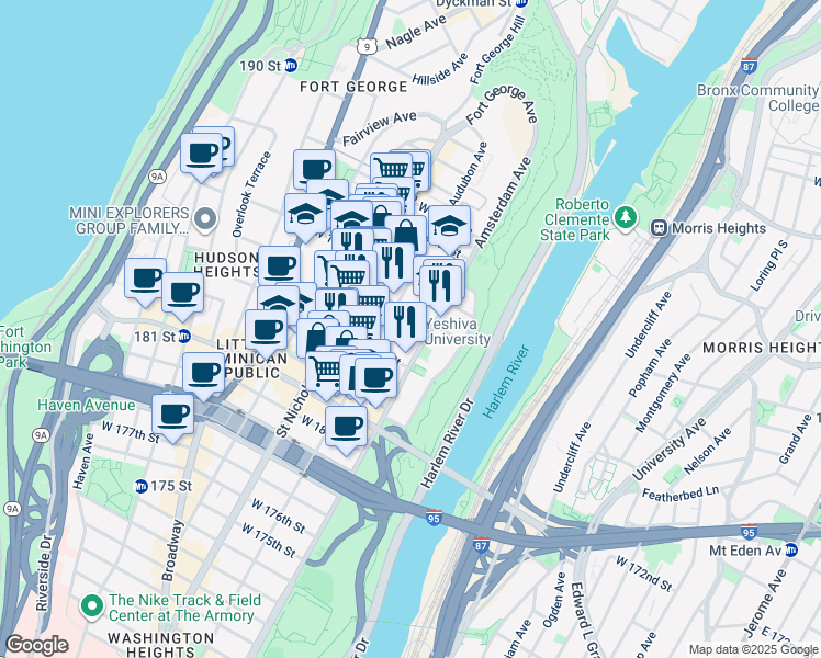 map of restaurants, bars, coffee shops, grocery stores, and more near 2520 Amsterdam Avenue in New York