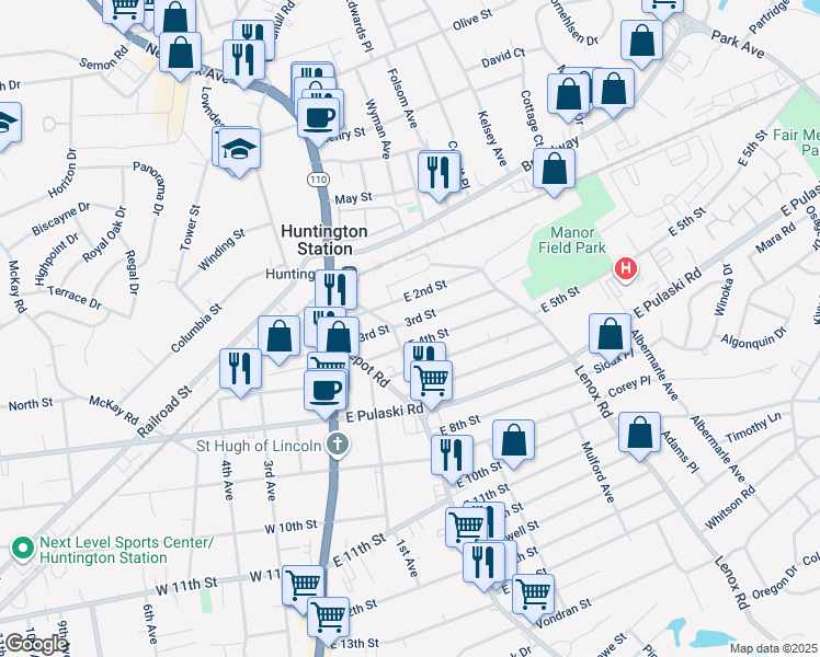 map of restaurants, bars, coffee shops, grocery stores, and more near 64 East 3rd Street in Huntington Station