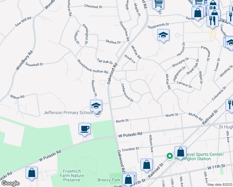 map of restaurants, bars, coffee shops, grocery stores, and more near 7 Waywood Place in Huntington Station