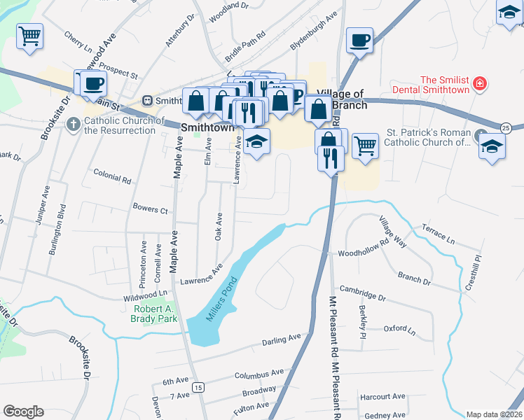 map of restaurants, bars, coffee shops, grocery stores, and more near 68 Birchbrook Drive in Smithtown