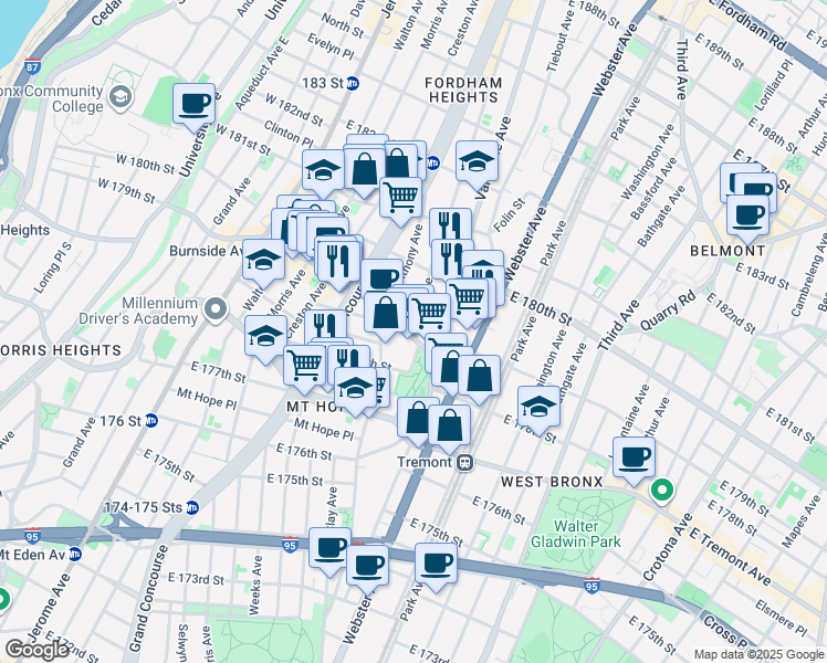 map of restaurants, bars, coffee shops, grocery stores, and more near 270 East Burnside Avenue in Bronx
