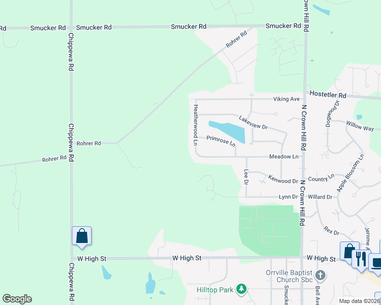 map of restaurants, bars, coffee shops, grocery stores, and more near 1003 Heatherwood Lane in Orrville