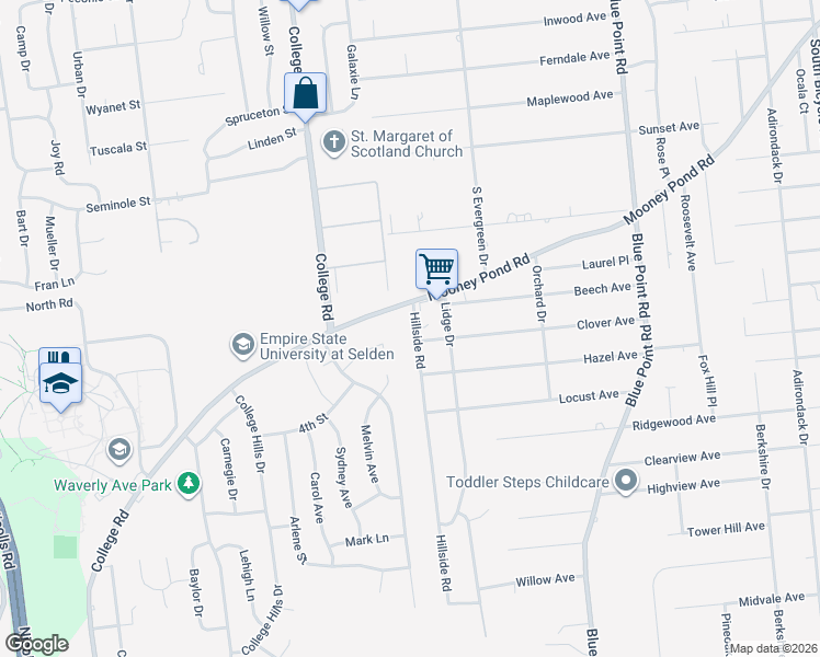 map of restaurants, bars, coffee shops, grocery stores, and more near 10 Hillside Road in Farmingville