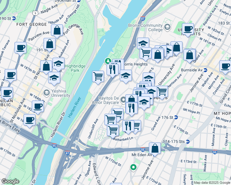 map of restaurants, bars, coffee shops, grocery stores, and more near 1742 Undercliff Avenue in Bronx