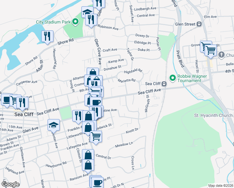 map of restaurants, bars, coffee shops, grocery stores, and more near 140 Sea Cliff Avenue in Glen Cove