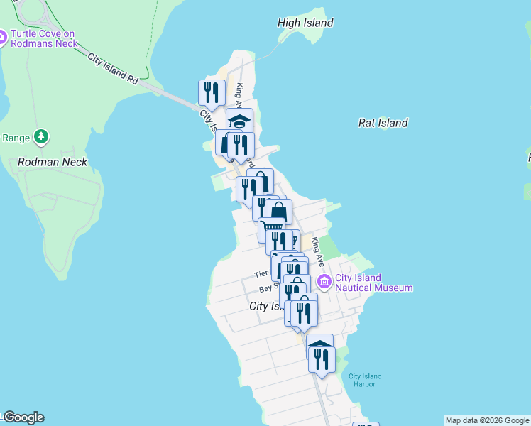map of restaurants, bars, coffee shops, grocery stores, and more near 450 City Island Avenue in Bronx