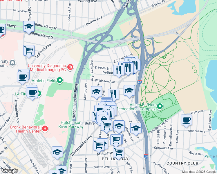 map of restaurants, bars, coffee shops, grocery stores, and more near 1957 Hobart Avenue in Bronx