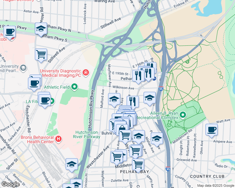map of restaurants, bars, coffee shops, grocery stores, and more near in The Bronx