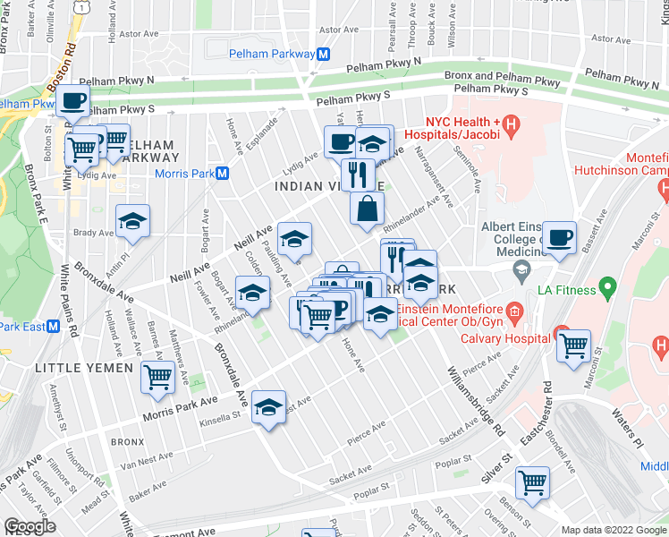 map of restaurants, bars, coffee shops, grocery stores, and more near 1068 Rhinelander Avenue in Bronx
