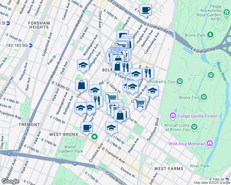 map of restaurants, bars, coffee shops, grocery stores, and more near 2183 Belmont Avenue in Bronx