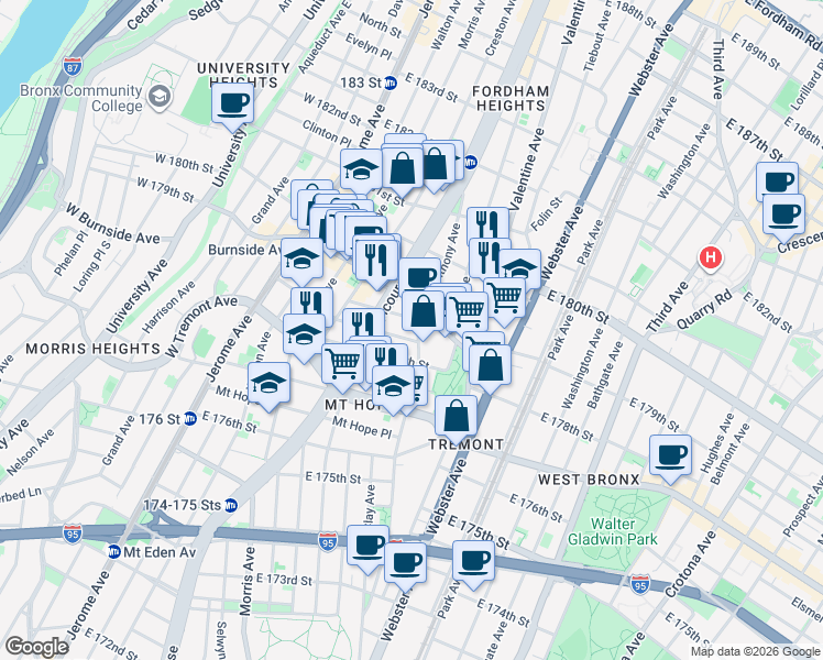 map of restaurants, bars, coffee shops, grocery stores, and more near 225 East 179th Street in Bronx