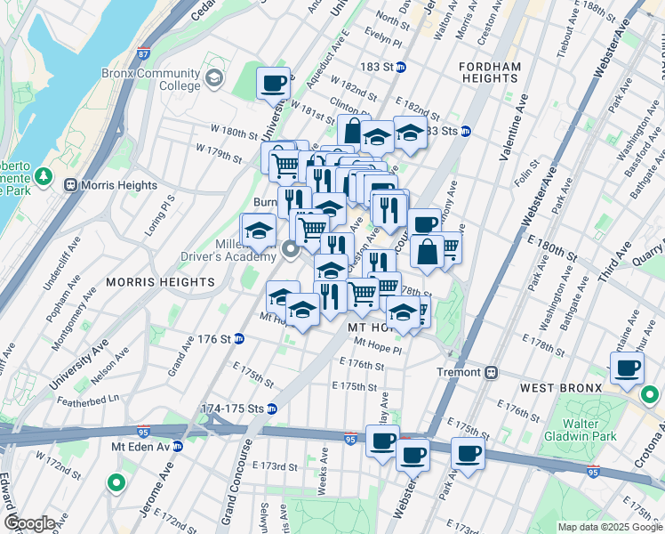 map of restaurants, bars, coffee shops, grocery stores, and more near 1985 Creston Avenue in Bronx