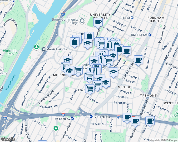 map of restaurants, bars, coffee shops, grocery stores, and more near 50 West Tremont Avenue in The Bronx