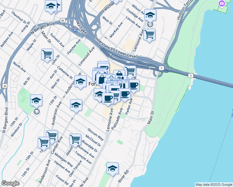 map of restaurants, bars, coffee shops, grocery stores, and more near in Fort Lee