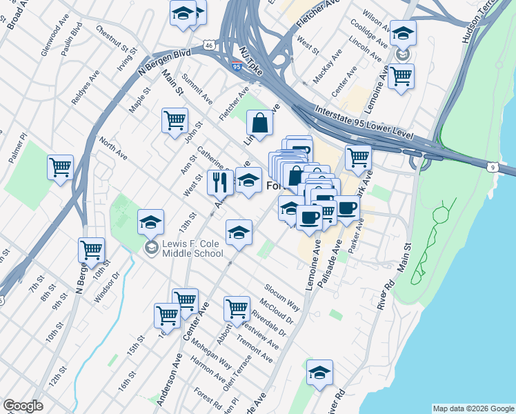 map of restaurants, bars, coffee shops, grocery stores, and more near 1605 Center Avenue in Fort Lee