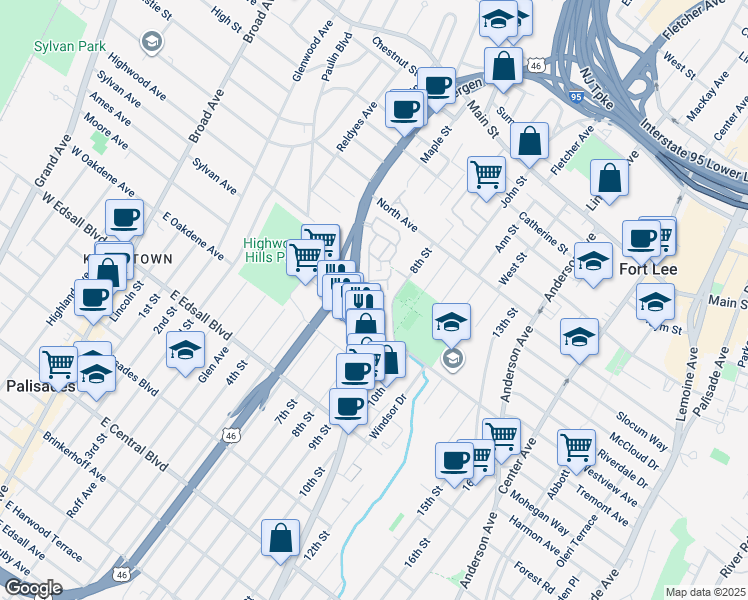 map of restaurants, bars, coffee shops, grocery stores, and more near 1470 Bergen Boulevard in Fort Lee