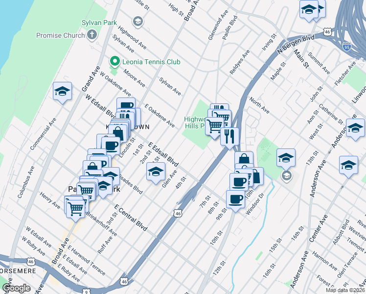 map of restaurants, bars, coffee shops, grocery stores, and more near 521 Roff Avenue in Palisades Park