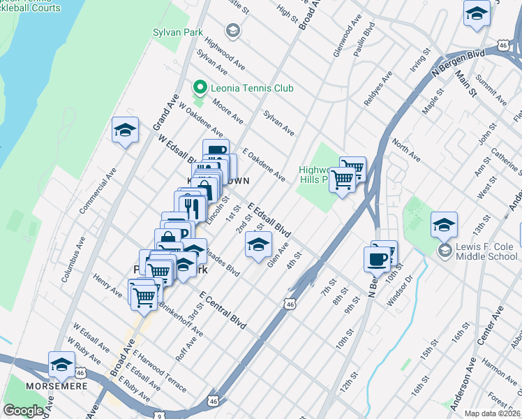 map of restaurants, bars, coffee shops, grocery stores, and more near 61 East Edsall Boulevard in Palisades Park