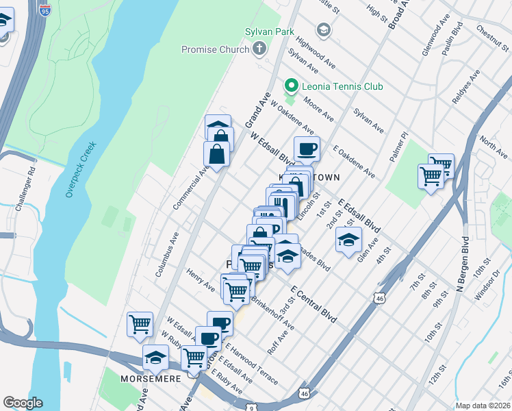map of restaurants, bars, coffee shops, grocery stores, and more near 41 West Palisades Boulevard in Palisades Park