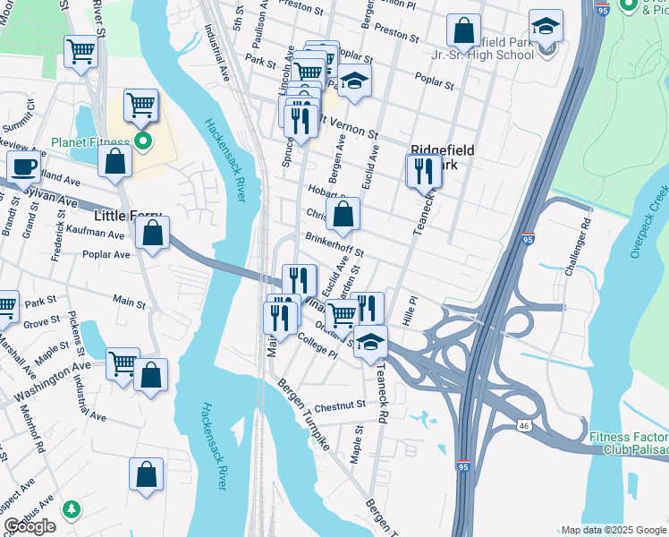 map of restaurants, bars, coffee shops, grocery stores, and more near 46 Garden Street in Ridgefield Park