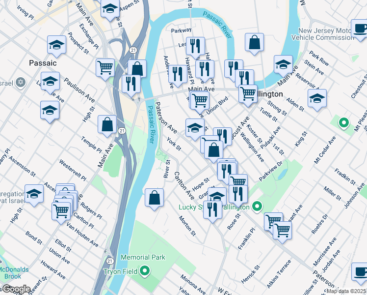 map of restaurants, bars, coffee shops, grocery stores, and more near 913 York Street in East Rutherford