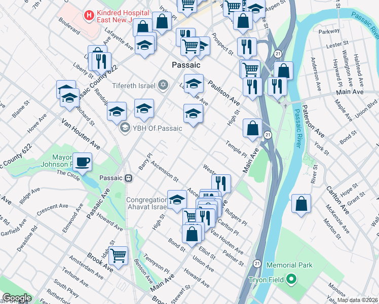 map of restaurants, bars, coffee shops, grocery stores, and more near 199-231 Pennington Avenue in Passaic