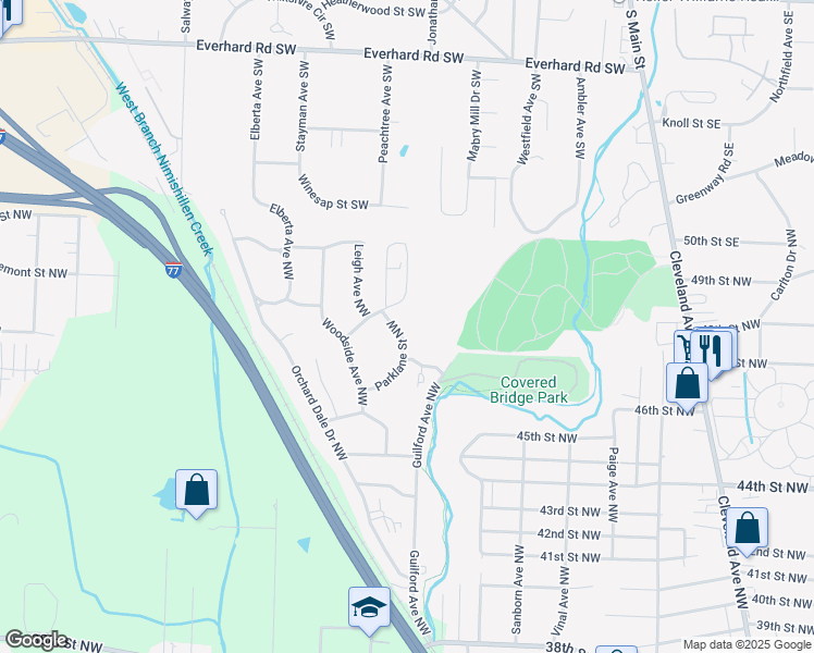 map of restaurants, bars, coffee shops, grocery stores, and more near 2907 Parklane Street Northwest in Canton