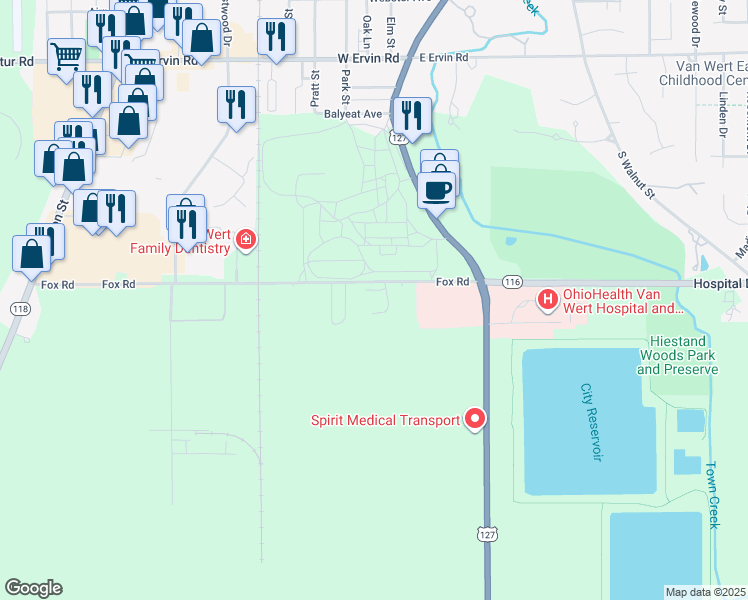map of restaurants, bars, coffee shops, grocery stores, and more near 160 Fox Rd in Van Wert