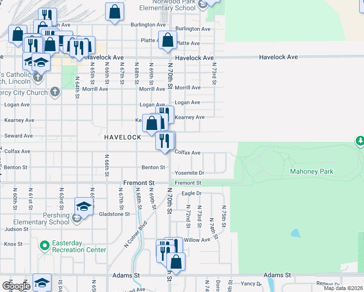 map of restaurants, bars, coffee shops, grocery stores, and more near 7016 Colfax Avenue in Lincoln