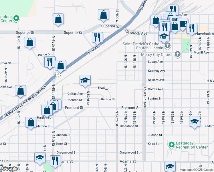 map of restaurants, bars, coffee shops, grocery stores, and more near 5410 Ervin Street in Lincoln