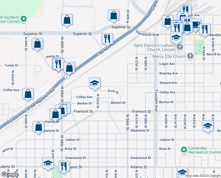 map of restaurants, bars, coffee shops, grocery stores, and more near 5320 Ervin Street in Lincoln