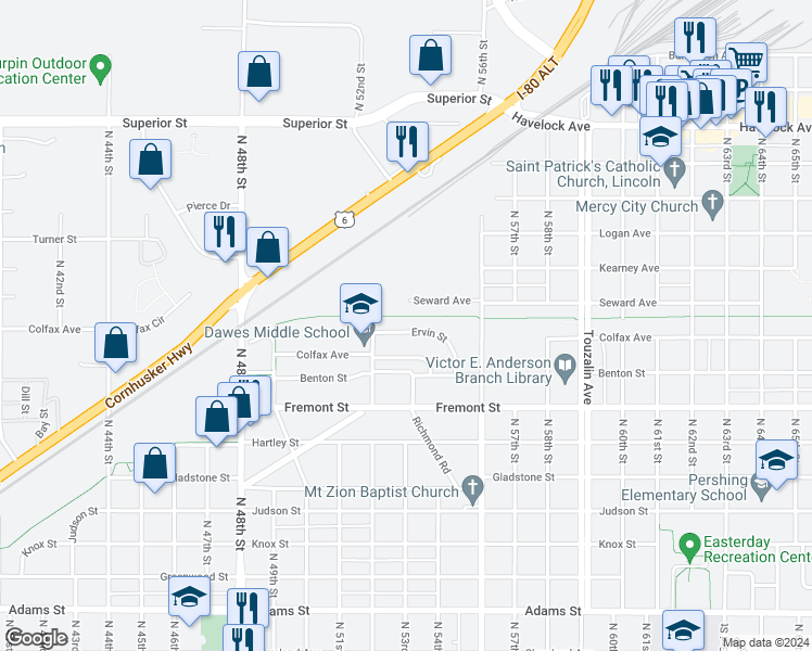 map of restaurants, bars, coffee shops, grocery stores, and more near 5320 Ervin Street in Lincoln