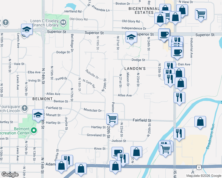 map of restaurants, bars, coffee shops, grocery stores, and more near 3931 Paxton Drive in Lincoln