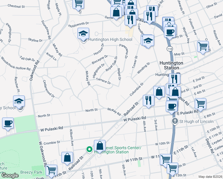 map of restaurants, bars, coffee shops, grocery stores, and more near 22 Pickwick Hill Drive in Huntington Station