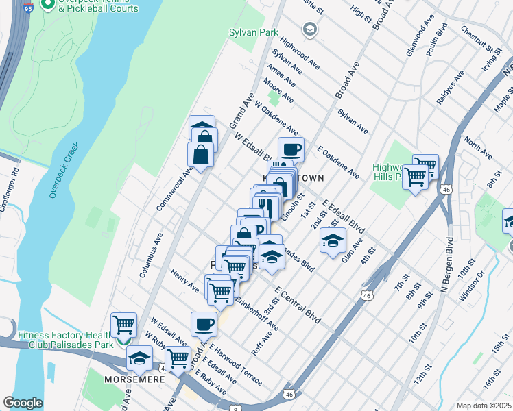 map of restaurants, bars, coffee shops, grocery stores, and more near 17A West Washington Place in Palisades Park