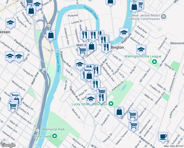 map of restaurants, bars, coffee shops, grocery stores, and more near 41 Locust Avenue in Wallington