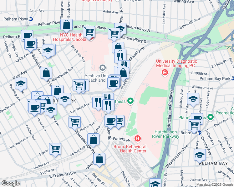 map of restaurants, bars, coffee shops, grocery stores, and more near 1401 Bassett Avenue in The Bronx