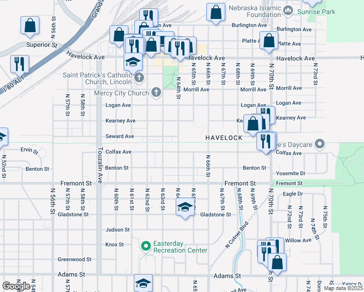 map of restaurants, bars, coffee shops, grocery stores, and more near 3820 North 64th Street in Lincoln