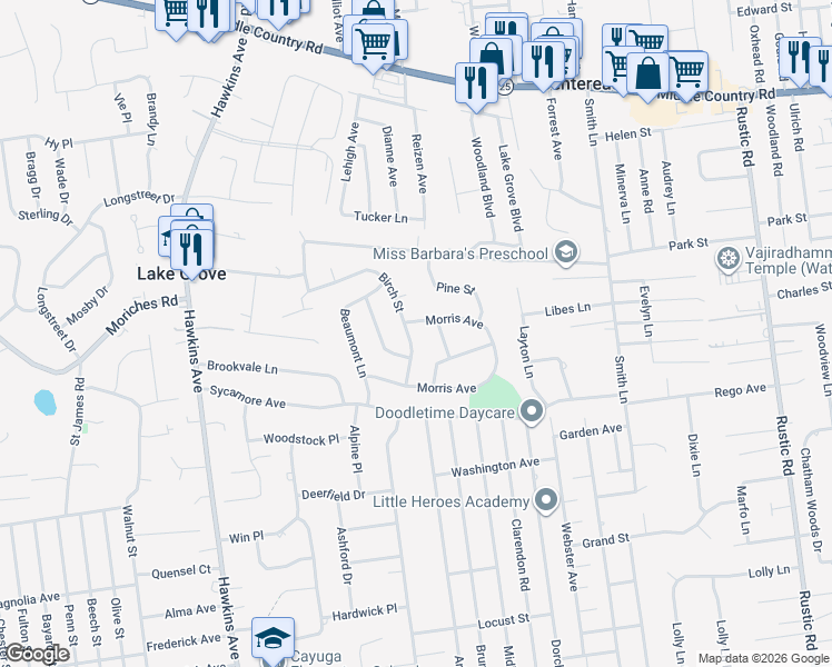 map of restaurants, bars, coffee shops, grocery stores, and more near 4 Andorra Lane in Lake Grove