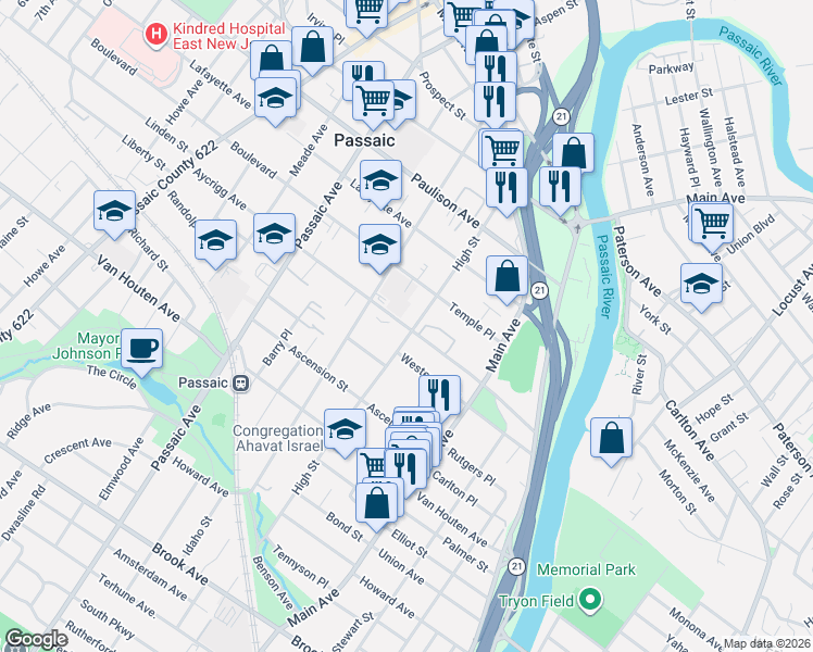 map of restaurants, bars, coffee shops, grocery stores, and more near 135 Aycrigg Avenue in Passaic