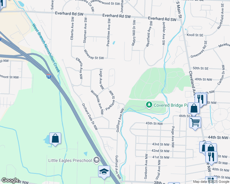 map of restaurants, bars, coffee shops, grocery stores, and more near 2907 Parklane Street Northwest in Canton