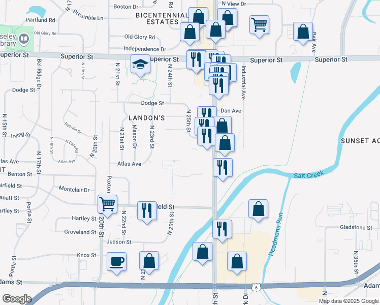 map of restaurants, bars, coffee shops, grocery stores, and more near 3901 North 26th Street in Lincoln