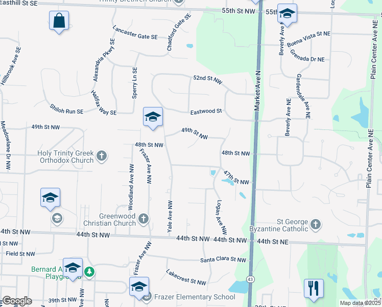 map of restaurants, bars, coffee shops, grocery stores, and more near 4808 Ellinda Circle Northwest in Canton
