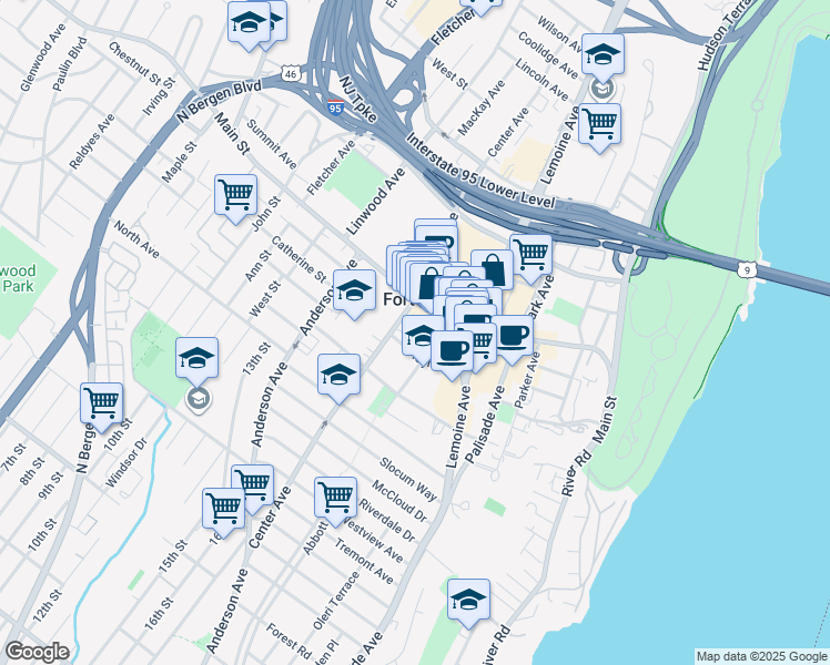 map of restaurants, bars, coffee shops, grocery stores, and more near 275 Hoym Street in Fort Lee